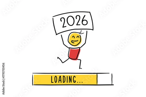 Fototapeta New year 2026 banner. Character holding 2026 sign with loading bar. Happy new year background vector illustration