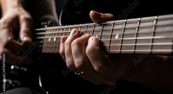 Fototapeta Electric guitar close up as person plays guitar, strings vibrating with musical energy. Guitar player is engrossed, fingers dancing over frets to make chords and melodies,