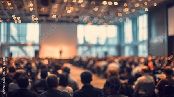 Obraz Keynote Speech Blur: A blurred background of a keynote speech or presentation in a conference hall, with the speaker on stage. High quality