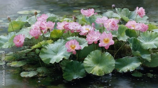 Fototapeta Painting of a pond with many pink flowers. The mood of the painting is peaceful and serene