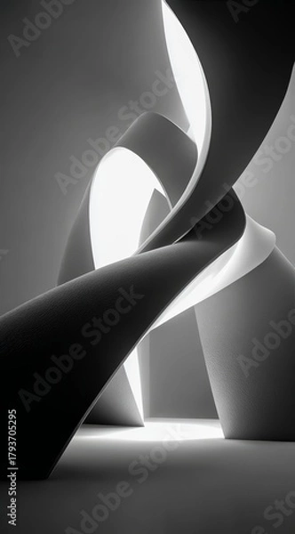 Fototapeta Sculpture of two curves that are twisted together. The sculpture is made of paper and is black and white