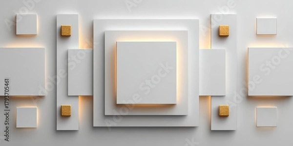 Obraz The image is a white background with a series of squares and rectangles, each with a gold border