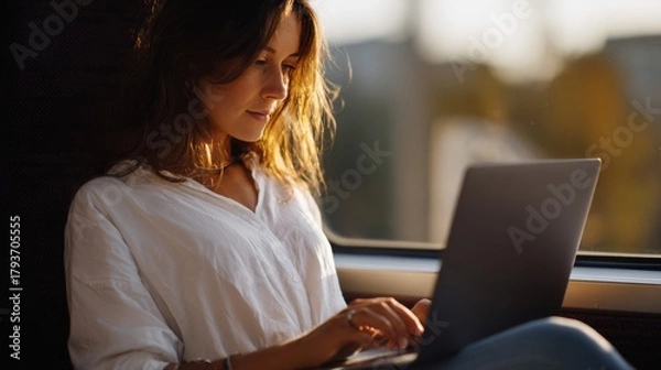 Fototapeta A young Caucasian woman works on her laptop by a window, illuminated by warm sunlight, showcasing concentration and tranquility.
