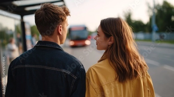 Fototapeta A young couple, a Caucasian man and woman, wait at a bus stop during sunset, radiating warmth and connection.
