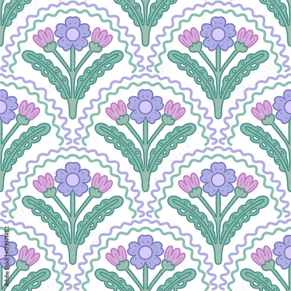 Fototapeta Hand Drawn Floral Seamless Pattern with Pastel Leaves and Petals