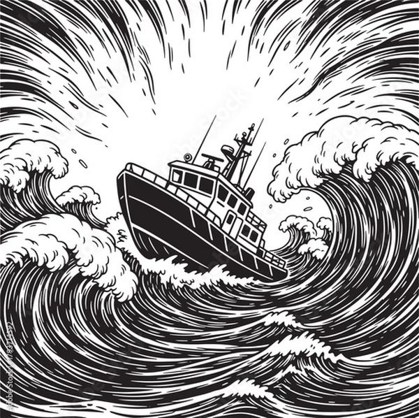 Obraz Boat Battling Giant Waves in Stormy Seas