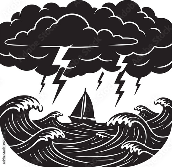 Fototapeta Sailboat Battling Stormy Seas with Lightning