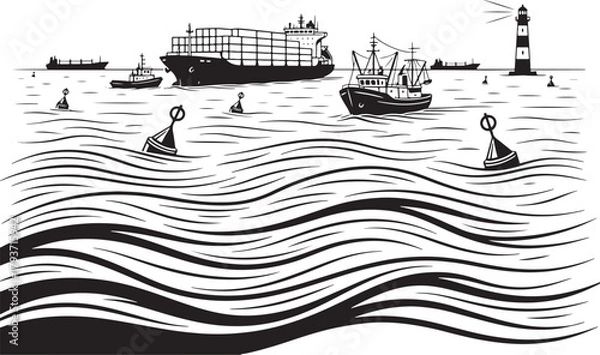 Obraz Ships and Lighthouse on Wavy Seas