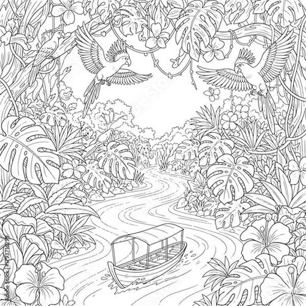 Obraz Tropical River Journey with Parrots and Lush Foliage