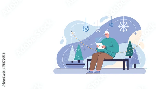 Fototapeta Happy senior man shopping online on a tablet enjoying the festive winter atmosphere