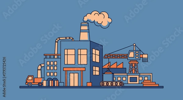 Fototapeta Minimalist illustration of a large production facility with machinery crane and smokestack