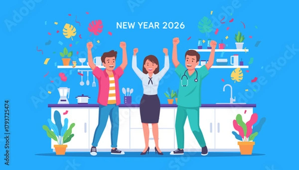 Obraz Diverse professionals celebrate New Year 2026 success with joyful hands raised in a modern kitchen