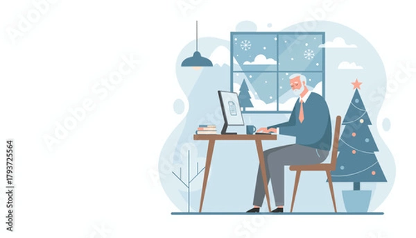 Fototapeta Senior man works remotely on a computer in a cozy home office during winter near a Christmas tree