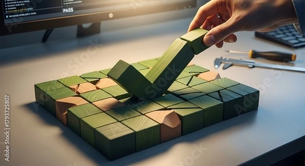 Fototapeta Hand Completing Check Mark Puzzle on Desk.