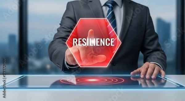 Fototapeta Resilience concept with businessman touching virtual screen interface.