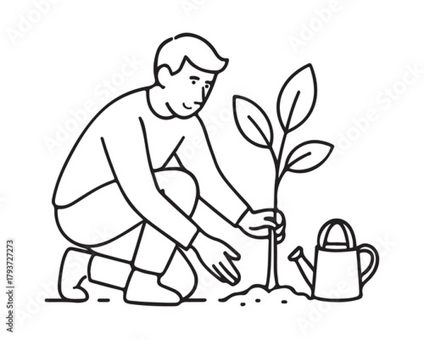 Fototapeta Man planting tree sapling for a greener future and environmental sustainability with watering can, embracing eco-friendly living and nature conservation