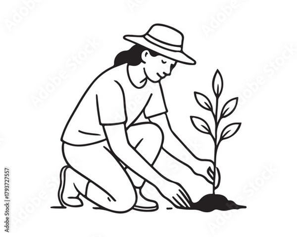 Fototapeta Line art of a woman planting a tree seedling, symbolizing growth and environmental awareness in minimalist style, perfect for eco-friendly brands