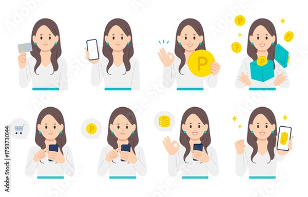 Obraz クレジットカードやスマホで買い物をする･ポイントを貯める若い女性のセット【人物ベクターイラスト素材】