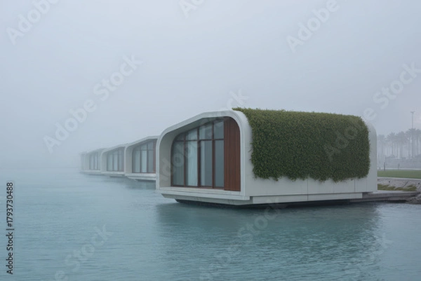 Fototapeta futuristic scene depicting robots constructing unique homes on water using ecofriendly materials