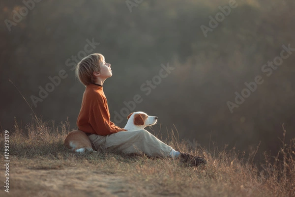 Obraz child and dog sit together on grassy hill enjoying soothing sounds of music