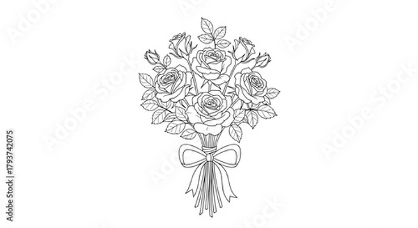 Fototapeta Detailed line art of a rose bouquet tied with a ribbon and leaves