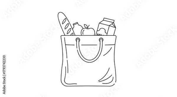 Fototapeta Sketch of a tote bag filled with groceries including bread and milk