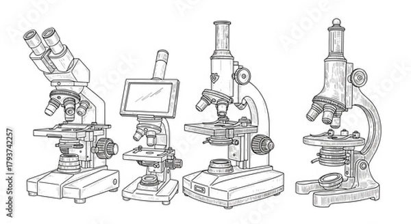 Fototapeta Illustration of four different microscope designs in black and white