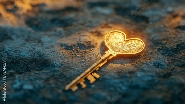 Fototapeta Golden Heart-Shaped Key Casting Shadow on Surface