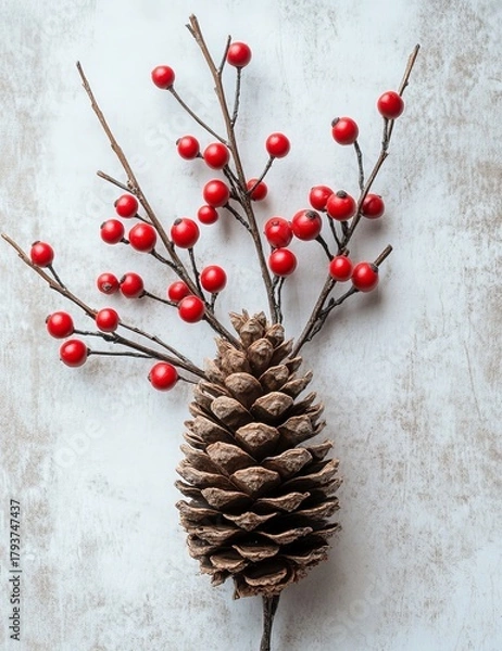 Fototapeta Pinecone Arrangement with Red Berries on Textured Paper