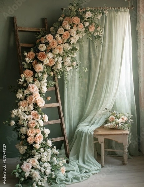 Fototapeta Soft Sage Green Maternity Photoshoot Setup with Flowers