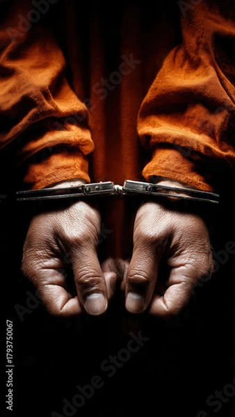 Fototapeta Handcuffed Hands In Orange Jumpsuit Symbolize Arrest, Incarceration, Justice, Accountability, And Criminality.