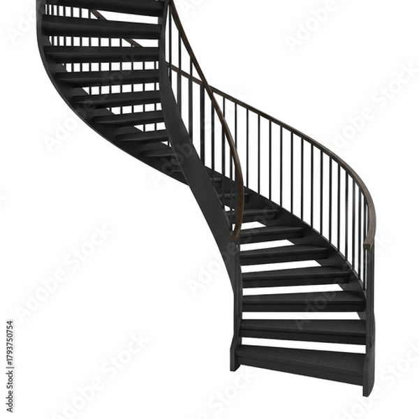 Fototapeta A Dark Metal Spiral Staircase with a Curved Railing Against a Transparent Background