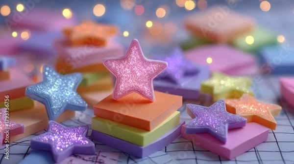 Fototapeta Colorful Glitter Stars on Sticky Notes Creating a Playful Atmosphere
