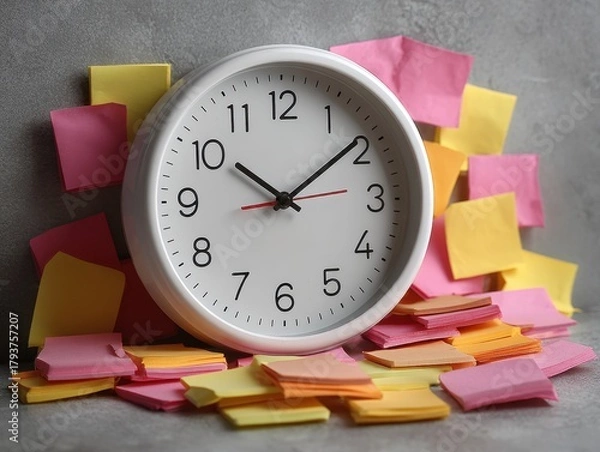 Fototapeta White Wall Clock Surrounded by Colorful Sticky Notes on Gray Surface