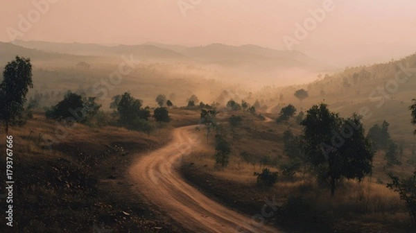 Obraz Winding dirt road disappears into misty, rolling hills at sunrise