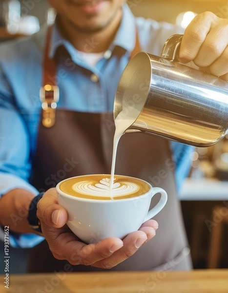 Fototapeta A smiling barista in an apron pours steamed milk from a metal pitcher to complete a rosetta latte art pattern in a white cup.