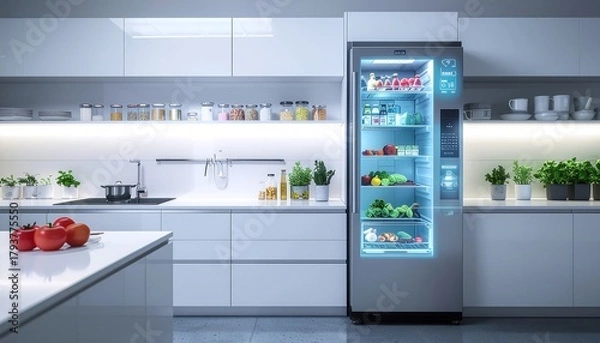 Fototapeta Sleek smart fridge with blue holographic interface in a modern, minimalist kitchen.