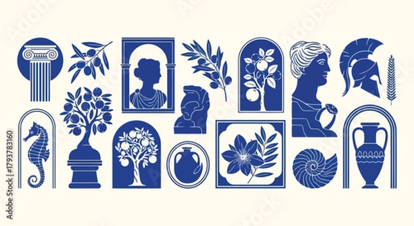 Obraz Collection of blue and white ancient greek and roman themed icons and patterns