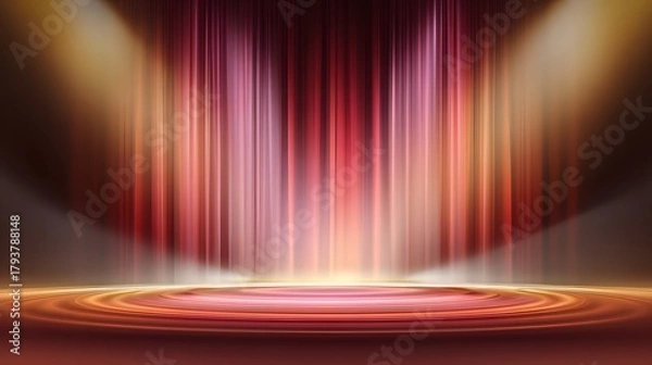 Fototapeta Vibrant curtain backdrop illuminates a dramatic performance area with focused spotlights