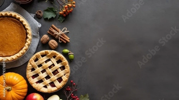 Fototapeta Thanksgiving Background with Pumpkin Pie and Apple Pie on Dark Surface
