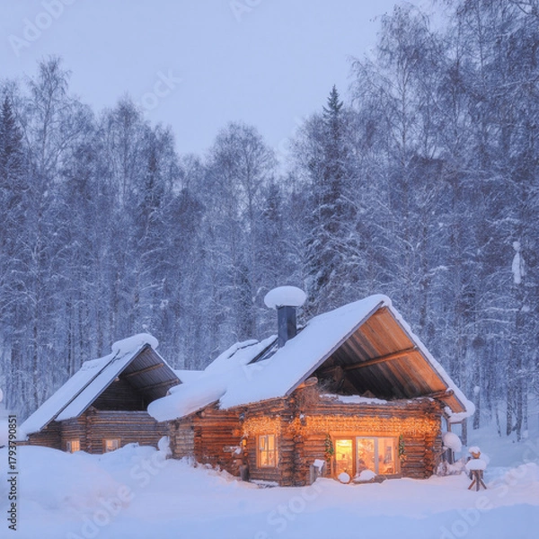 Fototapeta Enchanting Snow-Covered Log Cabin in Winter Woods with Warm Glow for Winter Wonderland Scene