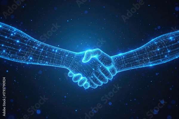 Fototapeta Futuristic Digital Handshake with Blue Tech Lines for Business Partnership and Tech Collaboration