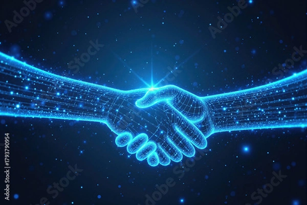 Fototapeta Glowing Digital Handshake in Blue Tech Style for Corporate Agreement and Futuristic Connection
