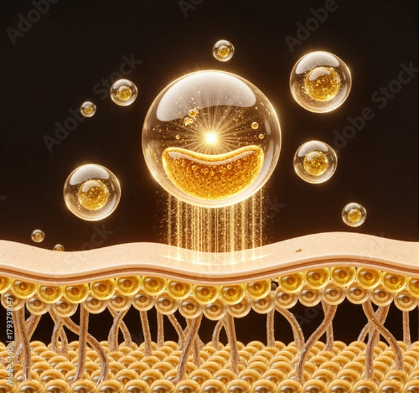 Fototapeta Skin Care Science Visualization with Golden Bubbles and Dermal Layer for Cosmetic Absorption and Tech Design