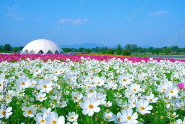 Fototapeta Colorful Flower Field with Dome Structure for Landscape Architecture and Travel Poster
