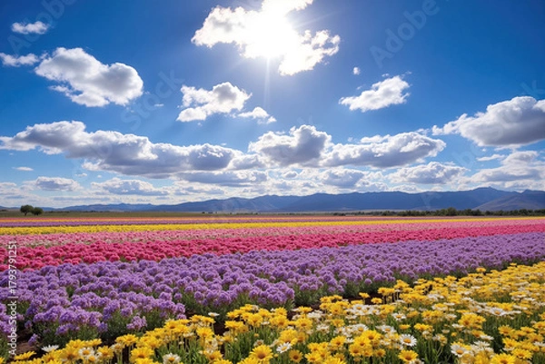 Fototapeta Diverse Flower Field with Blue Sky, Clouds and Mountains for Scenic Poster and Nature Branding