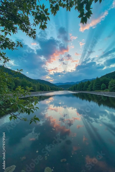 Fototapeta Lake Reflection in Mountain Valley with Sunrise Rays for Serene Nature Background and Travel Design