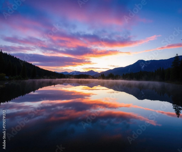 Fototapeta Lake Reflection of Mountain Sunset with Colorful Clouds for Scenic Landscape and Artistic Wallpaper