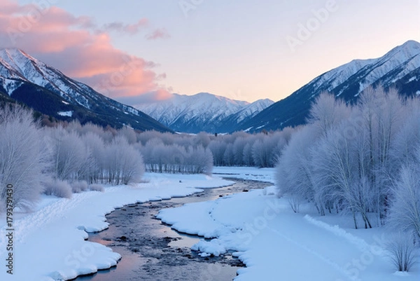 Fototapeta Snowy Mountain and Frozen River with Rime Ice for Winter Scenery and Arctic Landscape