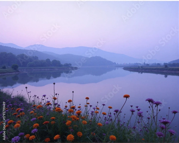 Fototapeta Serene Mountain Lake with Wildflowers in Purple Hues for Tranquil Nature Background and Travel Design